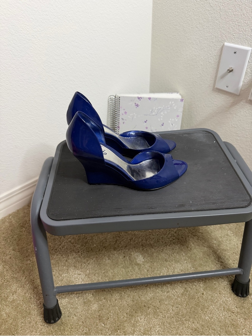Gucci Patent Leather Navy Blue Peep-Toe Wedge Heels